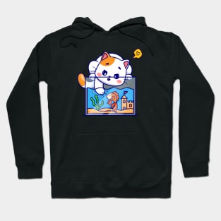 Cute Cat Playing With Fish In Aquarium Cartoon Hoodie